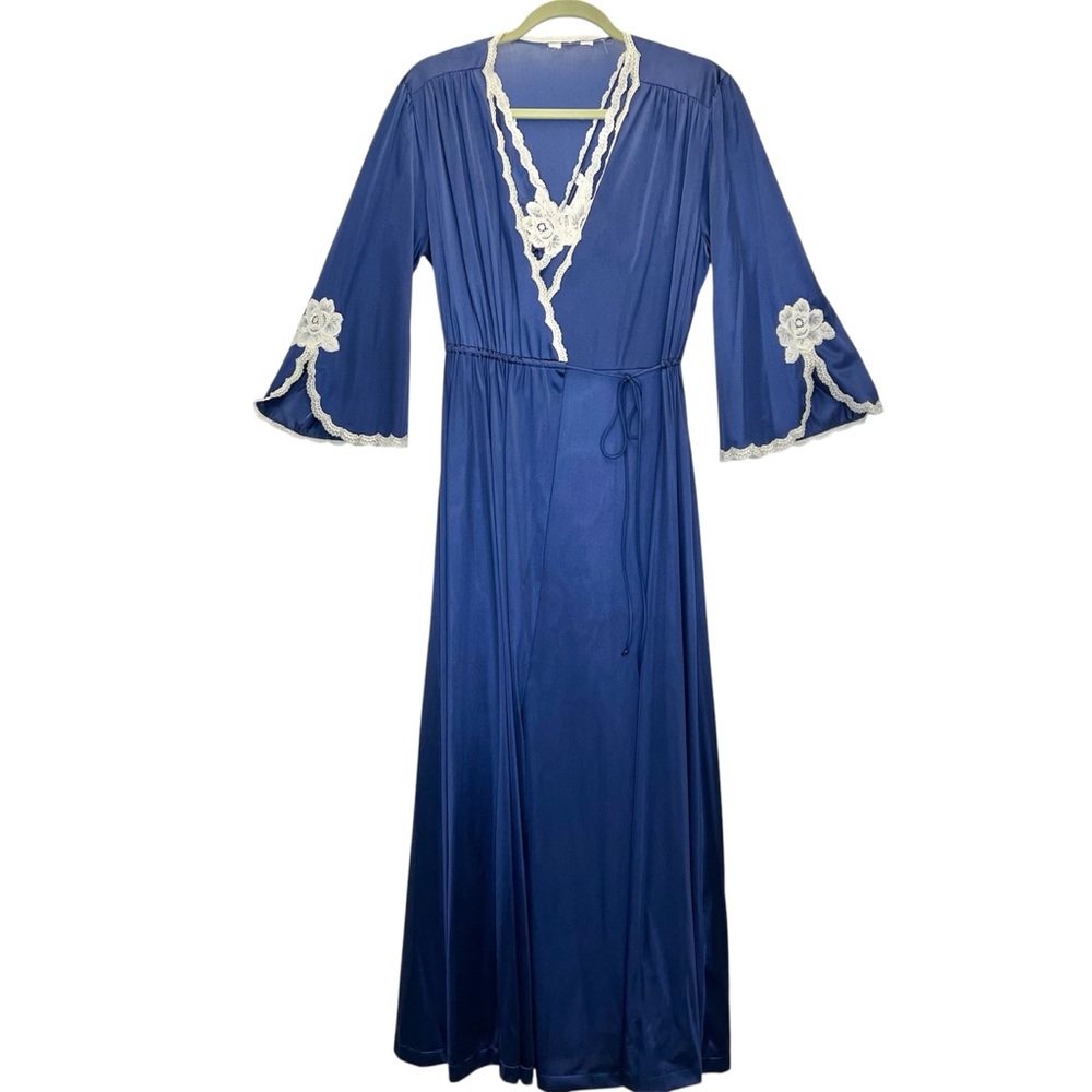 Vintage Vanity Fair Peignoir Nightgown and Robe Small Navy with Cream Lace 1970s